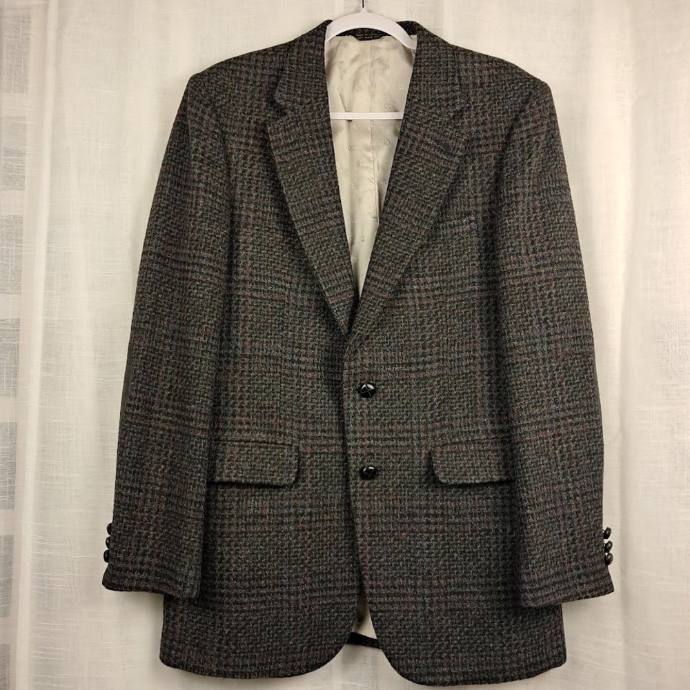 Vintage Austin Manor 40L Wool Glen Plaid Charcoal Tweed Sport Coat Elbow Patch